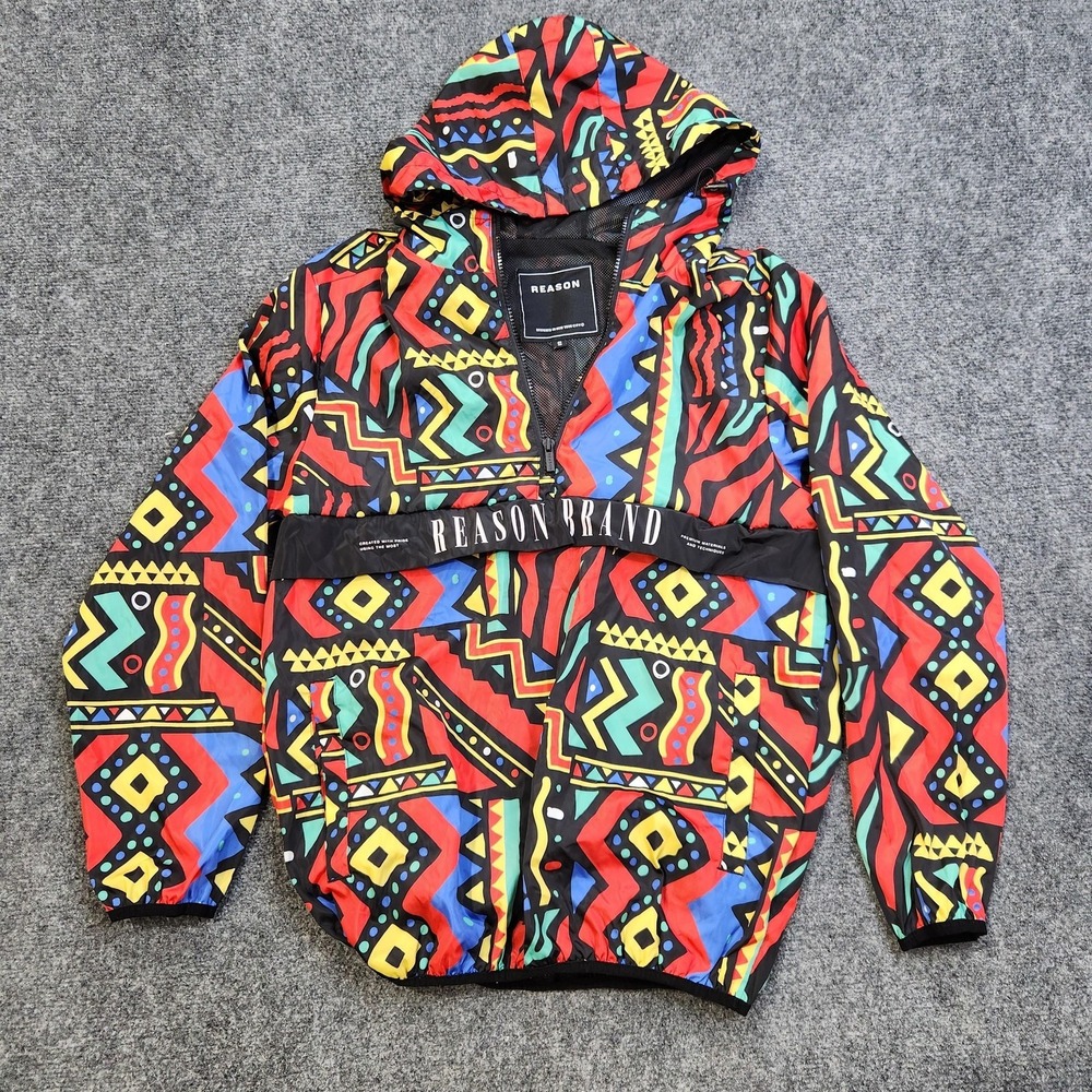 Reason Jacket Mens Small Multicolor Aztec 1/4 Zip Hooded Windbreaker Tribal‎